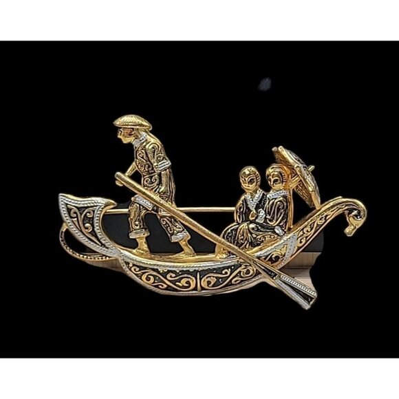 Damascene Gondola Brooch Vintage Spain Couple w/Umbrella Detailed Gold Plating - Picture 7 of 9